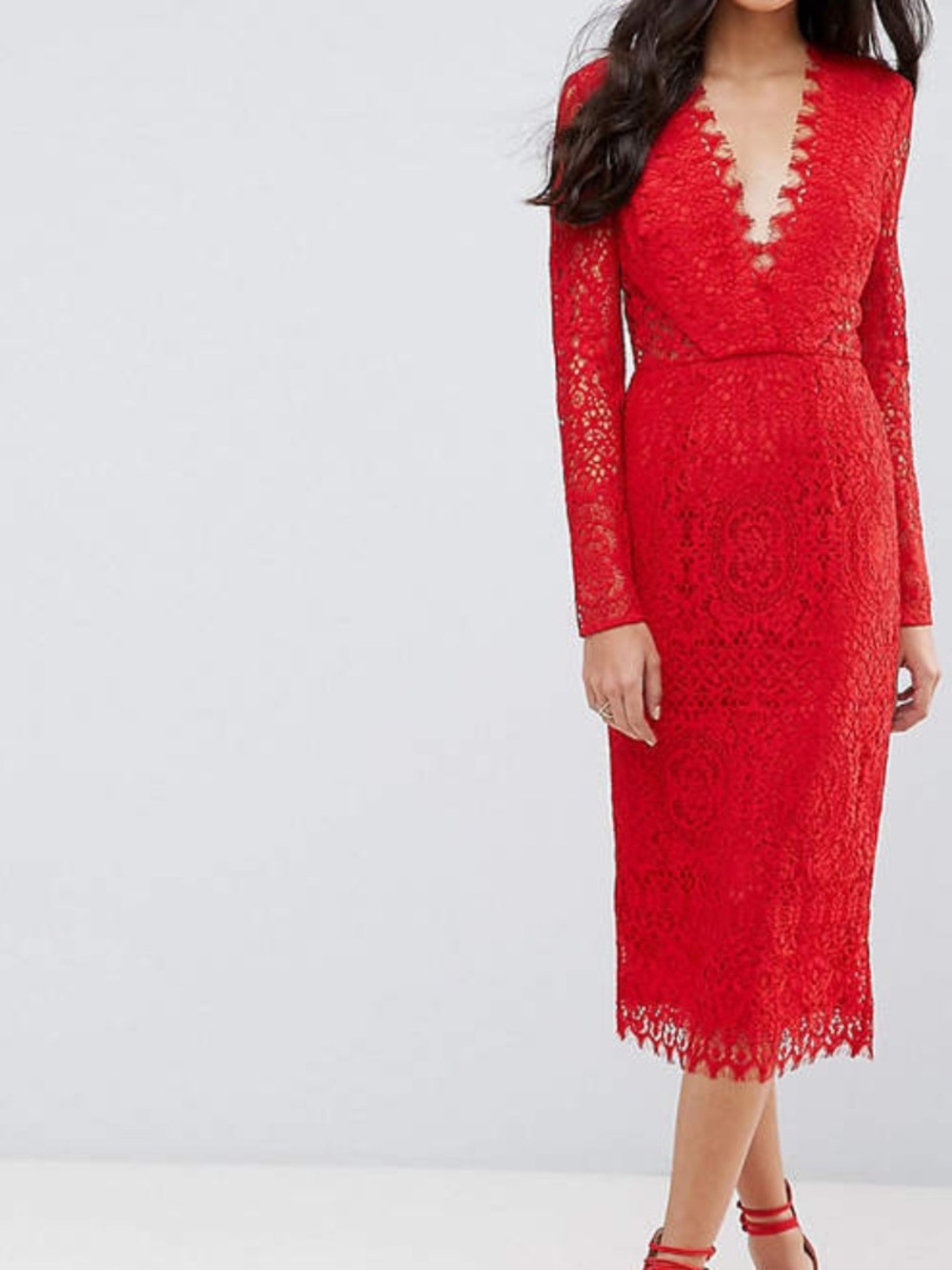 ASOS Red Lace V-Neck Long Sleeve Midi Dress